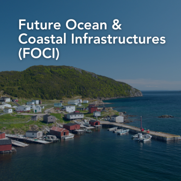 A picture of a small community on the coast of rural Newfoundland with the words "Future Ocean and Coastal Infrastructures" written on top